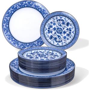 Hioasis 60pcs Blue Plastic Plates Set - Floral Blue & White Porcelain Design, 10.25" Dinner & 7.5" Dessert Plates Disposable for Wedding/Party (Dishwasher Safe, Art Style)