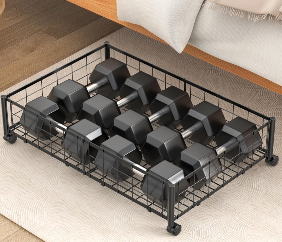 Hleelomi Under Bed Storage with Wheels and Cover, 360° Rolling Under Bed Metal Drawers for Clothes, Blankets, Books and Shoes,Black