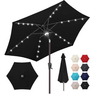 7.5FT Solar Umbrella Outdoor - Lighted Solar Patio Umbrella with 24 LED Lights Waterprool UV Protection, Table Umbrella with Tilt for Pool, Porch, Garden, Deck, Backyard (Black)
