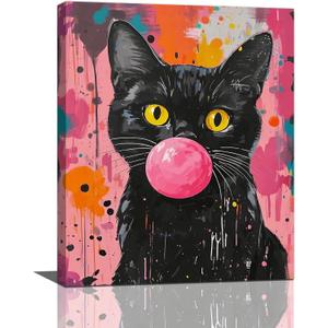 Funny Black Cat Pink Banksy Graffiti Wall Art Cute Cat Pictures Canvas Wall Decor kitten Painting Artwork Decoration Framed Gifts for Lover Women Girl Bathroom Bedroom Living Room Office 16"x20"