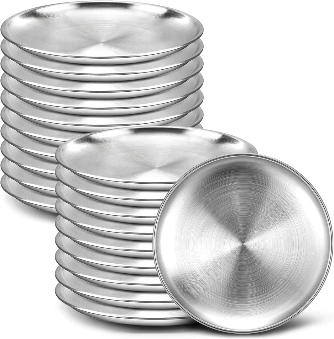 Nuogo 20 Pieces Stainless Steel Silver Plates 6.5 Inch Silver Dinner Plates Metal Serving Tray Dessert Dishes for Bbq, Salad, Snack, Desserts, Food Serving, Outdoor Camping