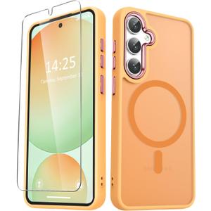 for Samsung Galaxy S25 FE Case, Matte Magnetic Phone Case with 1 Screen Protector, Support for Magsafe, Translucent Frosted Shockproof Protective Cover for Samsung Galaxy S25 FE, Yellow