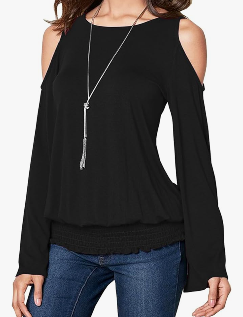 Womens Cold Shoulder Bell Long Sleeve Tops Sexy Dressy Casual Scoop Neck Banded Bottom Shirts Blouse Size S