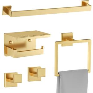 Brushed Gold Towel Bar Set 5 Pieces Bathroom Hardware Accessories Set,Upgraded Toilet Paper Holder with Shelf,Stainless Steel Towel Holder Set for Bathroom,Wall-Mounted 23.6 in
