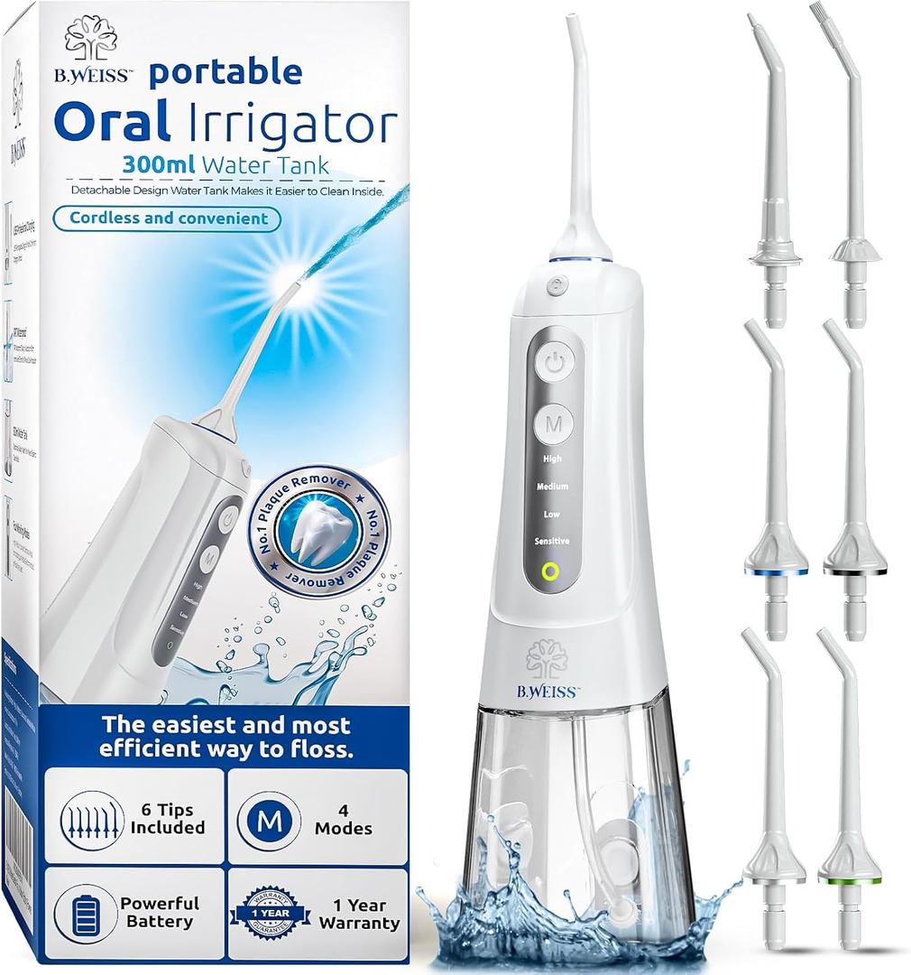 Water Flosser Cordless Pick for Teeth, 4 Modes, Gentle on Gums, Removes Plaque & Food Particles, B. WEISS High-Power, Rechargeable & Waterproof Oral Irrigator; 6 Replacement Tips Included