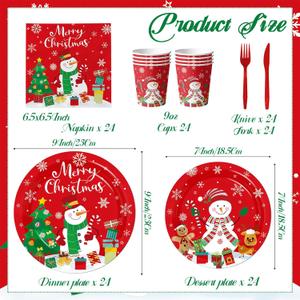 Christmas Paper Plates And Napkins, 144pcs Red Christmas Plates Set Snowman Xmas Tree Disposable Tableware for Winter Theme christmas Holiday Supplies,Serves 24
