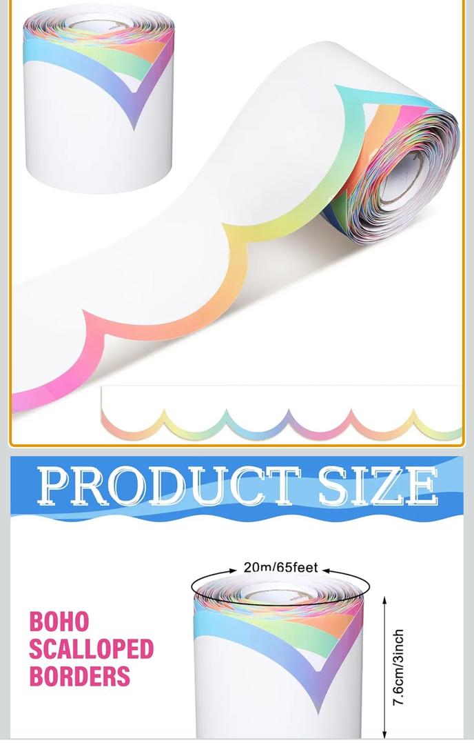 Fuutreo 65ft Pastel Ombre and White Bulletin Board Borders Wave Line Scalloped Board Borders Classroom Die-Cut Rolled Trim for Bulletin Home School Office Wall Desks Locker Decorations
