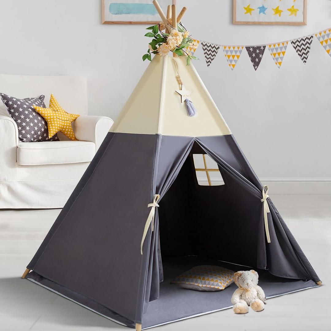 RONGFA Teepee Tent for Kids, 100% Cotton Play Tent with Mat, Kids Teepee Tent with Colored Flag, Quality Portable Play Tent with Carry Bag for Girls and Boys Indoor Outdoor (Beige Gray with Mat)
