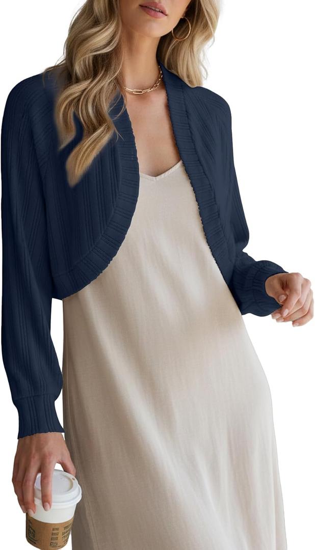 YSYOKOW Women's Shrug Cardigan for Dresses Lightweight Open Front Cropped Bolero Sweater Long Sleeve Knit (Blue, L)