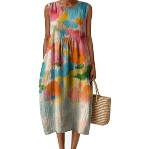 LOVESHOOT Womens Midi Dresses Summer Casual Sleeveless Crew Neck Floral A Line Sundress Boho Flowy Loose Dress (M)