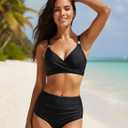 YUNIDMEIM High Waisted Bikini Sets for Women 3 Piece Swimsuits Retro V Neck Cross Back Bathing Suit with Cover Up (Black, M)