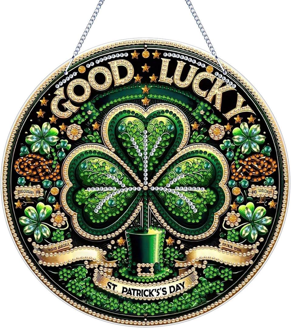 VODAPYC Saint Patrick's Day Diamond Art Hanging Kits for Adults, DIY Special Shaped Partial Diamonds Art Window Cling Pendant Ornament for Home Decor (Good Lucky)