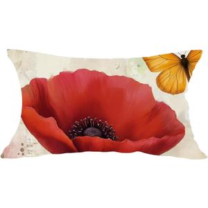 Ink Painting Watercolor Red Poppy Flowers Yellow Summer Decorative Lumbar Pillowcase Throw Pillow Cover Case Chair Sofa Bed Home Decoration Cotton Linen Rectangular 12 x 20 Inches