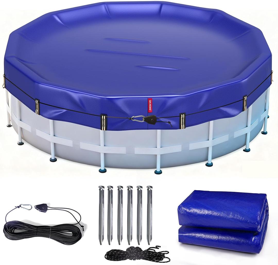 QH.HOME 21 ft Round Winter Pool Cover Extra Thick Above Ground Pool Cover with Fast Tightening Patented Ratchet, Tear and UV Resistant Swimming Pool Cover