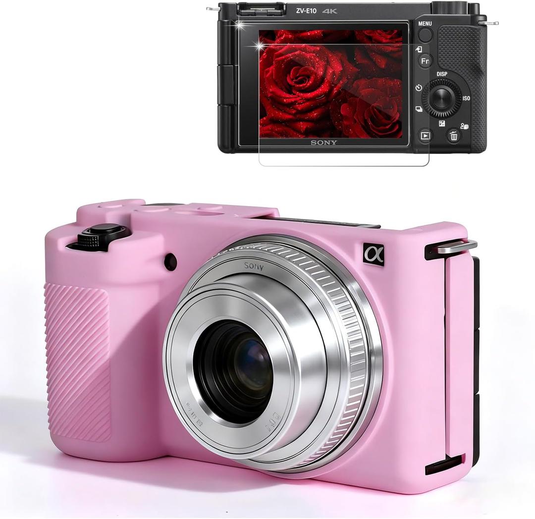 Case for Sony ZV-E10 Vlog Style Digital Camera Accessories, ZV E10 Soft Silicone Protective Case, Slim Fit Sleeve with ZV-E10 Screen Protector, Lightweight, Anti-Scratch (Pink)