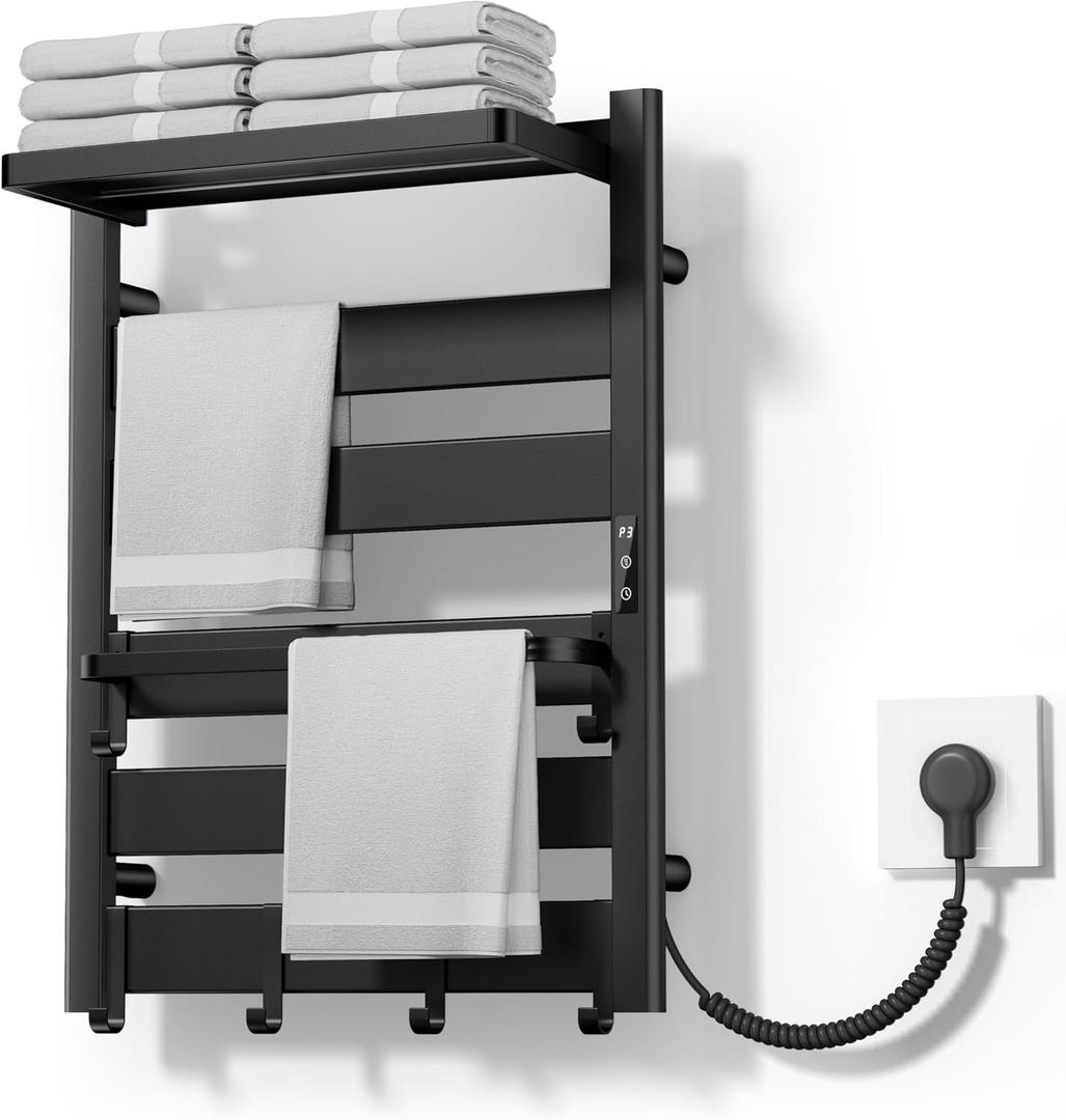 6-Bar Wall Mounted Heated Towel Rack, 170°F Heating Black | Bathroom Towel Warmer with Top Shelf, Memory Function, Adjustable 110–170°F Temperature, 2–12H Timer, Space Saving Design
