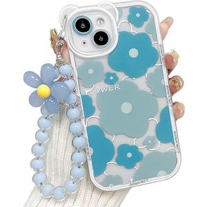 for iPhone 15 Case, Cute Clear Blue Floral Bear Camera Lens Case with Lovely Flower Wrist Strap Bracelet Chain for Women Girly,Shockproof Cover-Blue