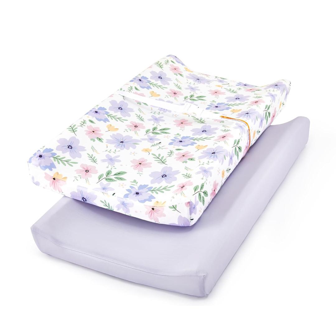 TILLYOU Changing Pad Cover Girl Set in Soft Jersey Material - Fits 32"/34''x16 Contoured Pad for Babies, Brilliant Little Flowers and Purple