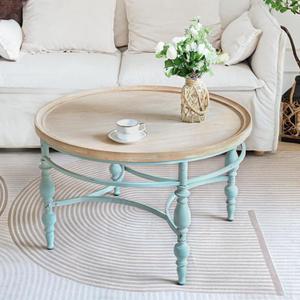 Rustic Farmhouse Round Coffee Table, French Country Vintage Center Table,31.5'' x18.9''H Rustic Solid Wood with Vintage Iron Legs, for Living Room, Bedroom,Dinning Room,Nature White