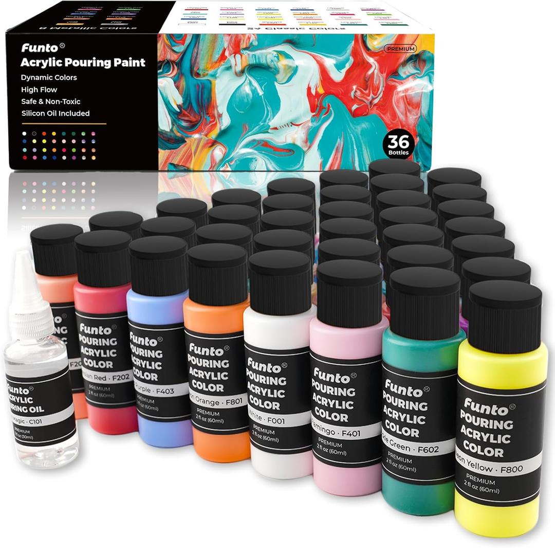 Funto Acrylic Pouring Paint Set, 36 Bottles, with Silicone Oil, High Flow, Pre-Mixed, Art Supplies for Pouring on Canvas, Glass, Wood, Tile, Rocks