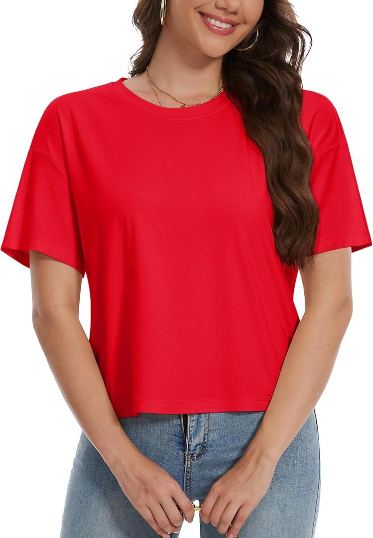 YUCOLEN Women Summer Short Sleeve Crop Tops Loose UPF50+ Breathable Crewneck Cropped T Shirts Solid Baisc Tees Workout Tops Tomato Red, S