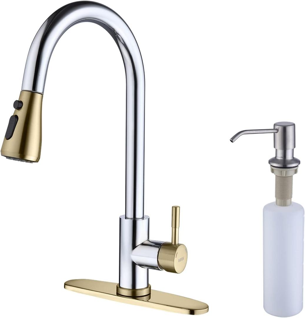 Keer Gold & Polished Chrome Single Handle Pull Down Kitchen Faucet with Soap Dispenser, 3 Modes Sprayer, Easy Assembly, Single Handle High Arc Stainless Steel Faucet
