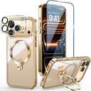 IPhone 17 Pro Max Case with 360 Spin Stand Compatible with MagSafe [Magnetic CD Ring][Screen & Camera Lens Protector] Shockproof Plating Never-Yellowing, Gold-6.9"