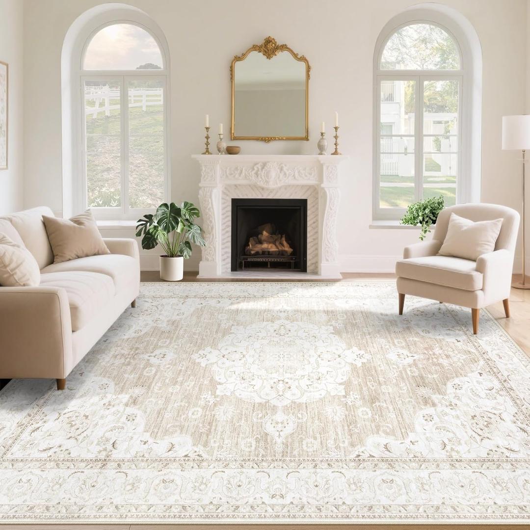 Vintage Living Room Area Rug - 9x12 Large Machine Washable Boho Moroccan Rug Distressed Farmhouse Rugs for Bedroom - Soft Non-Slip Indoor Carpet for Dining Room Office Nursery(Boho Beige, 9'x12')