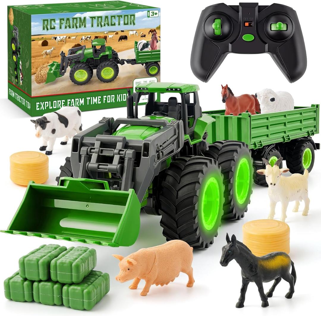 Remote Control Tractor Toy Set with Trailer & Farm Accessories, Light Up Farm Truck Toys for Boys & Girls 3, 4, 5, 6, 7 Year Old, 2.4 Ghz RC Tractor Toys, Ideal Christmas, Birthday Gifts for Kids
