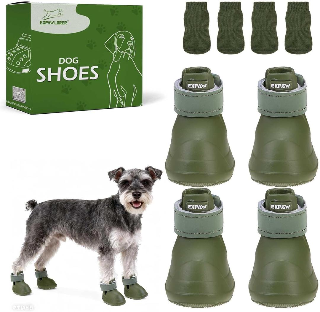 EXPAWLORER Dog Shoes for Hot Pavement Small Dogs, Waterproof Non-Slip Dog Summer Booties with Socks, Easy On & Off Pet Boots & Paw Protectors, Easy-Clean for Beach Outdoor Rain (Green XS) (Size 1/S (Paw Width:1.2in))