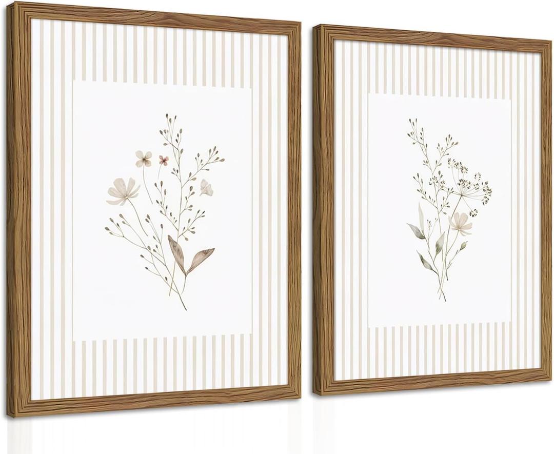 Neutral Wildflower Wall Art Set of 2, Vintage Flower Botanical Wall Decor Painting, Rustic Cottagecore Striped Floral Prints Pictures for Living Room Bedroom 16x24 Inch Framed