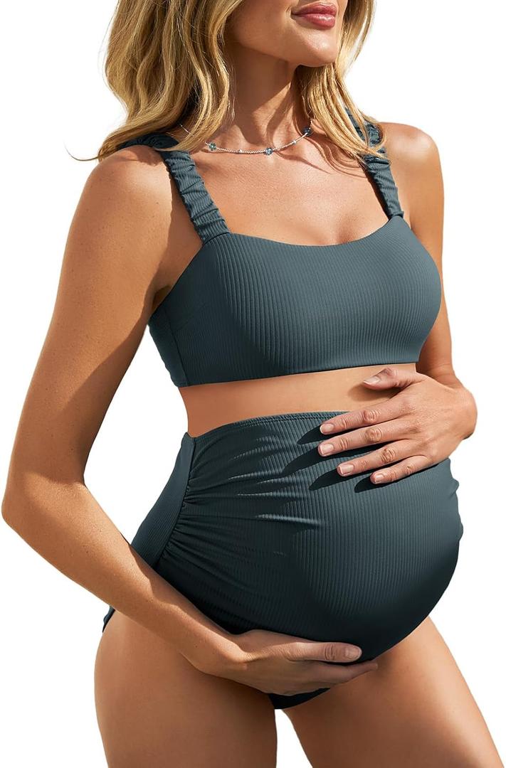 Summer Mae Ribbed Maternity Bikini Swimsuit for Women High Waisted Two-Piece Bathing Suit Crop Top Pregnancy Swimwear (10, Balsam Green)