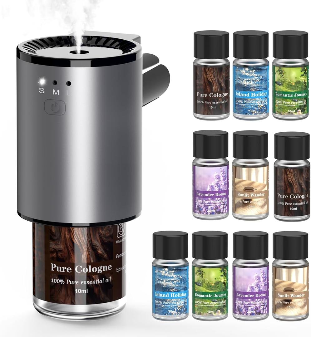 Car Air Freshener, Smart Car Air Freshener for Vent Clips, 1200 Sprays Per Charge, Car Fresheners with Auto On/Off, 5 Scents, 10 Refill Bottles (1Pack-Grey)