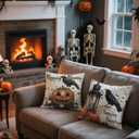 Halloween Throw Pillow Covers Set of 2  18x18 Inch Happying Haunting Quote Crow and Pumpkin Design, Double-Sided Print Decorative Cushion Covers for Couch Sofa Bed, Rustic Gothic Fall Decor