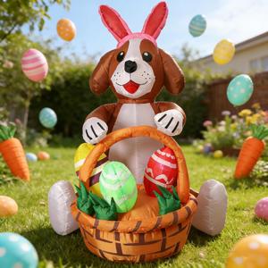 IRETG 5Ft Easter Inflatable Dog Decoration, Brown Puppy with Bunny Ears & Egg Basket, Built-in LED Lights, Waterproof 210T Polyester Blow Up Yard Decor for Outdoor Indoor Easter Egg Hunt Party