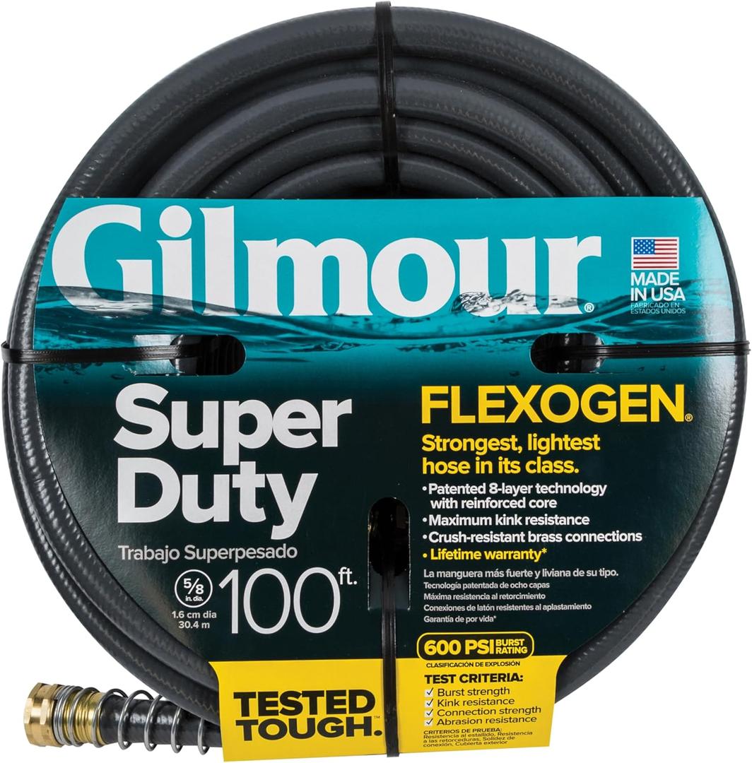 Gilmour Flexogen Heavy Duty Garden Hose 5/8 in x 100 ft, Leak-Proof Brass Couplings, Kink Resistant 8-Layer Design, 500 PSI