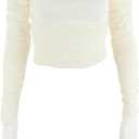 Mesh Patchwork Women Long Sleeve Crop T Shirt Ruched Off Shoulder Bodycon Sexy Elegant Streetwear Spring Summer (Large, Yellow)