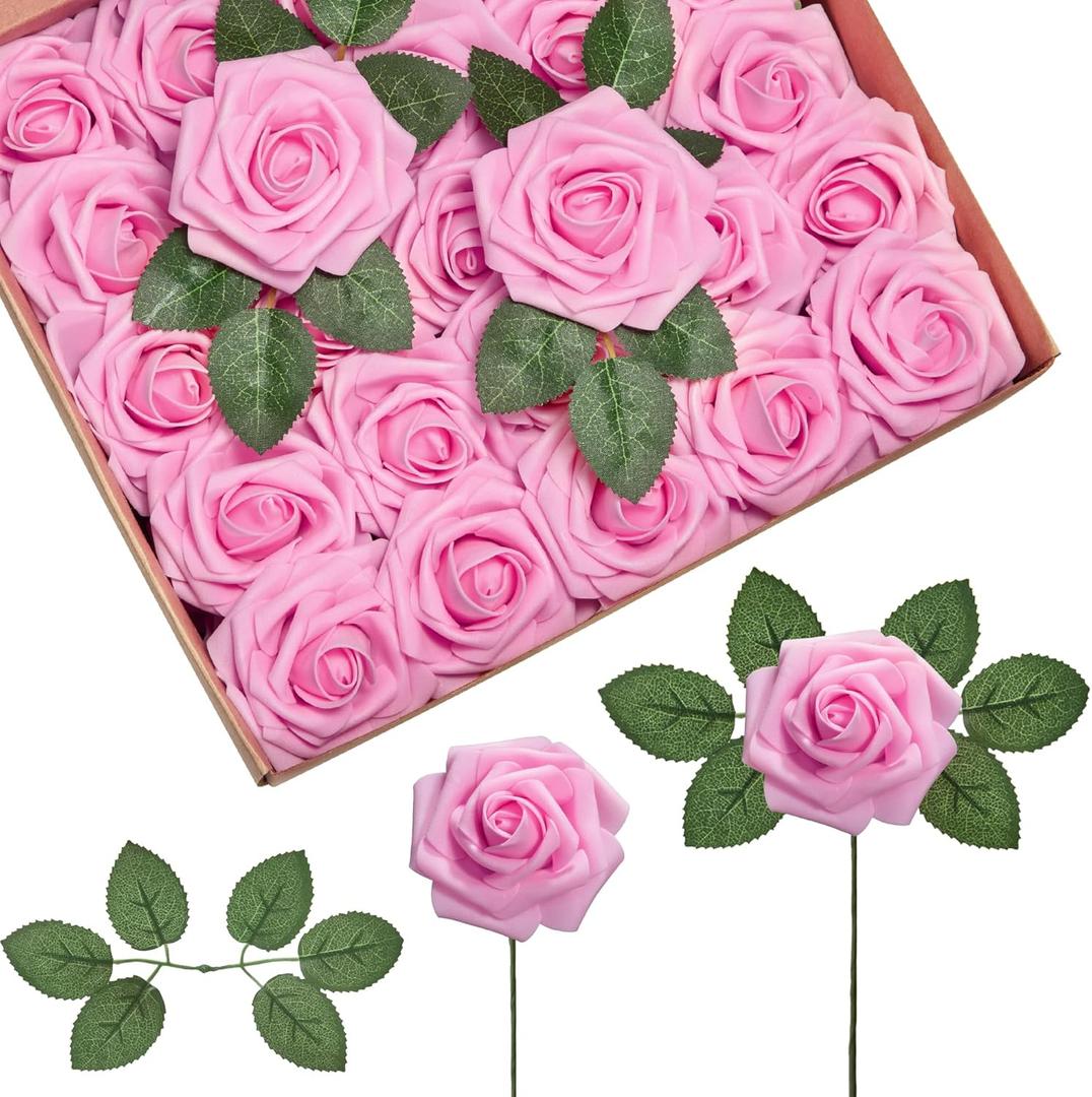 InnoGear Artificial Flowers, 50 Pcs Pink Foam Fake Roses Bulk with Stems for Decoration DIY Wedding Bouquets Centerpieces Bridal Shower Party Valentines Christmas Tree