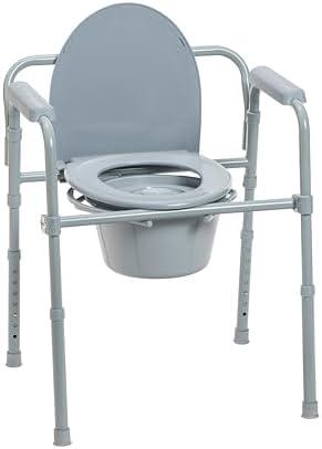 Drive Medical 11148-1 Folding Steel Bedside Commode Chair, Portable Toilet, Supports Individuals Weighing Up To 350 Lbs, with 7.5 Qt. Bucket and 13.5 Inch Seat, Grey