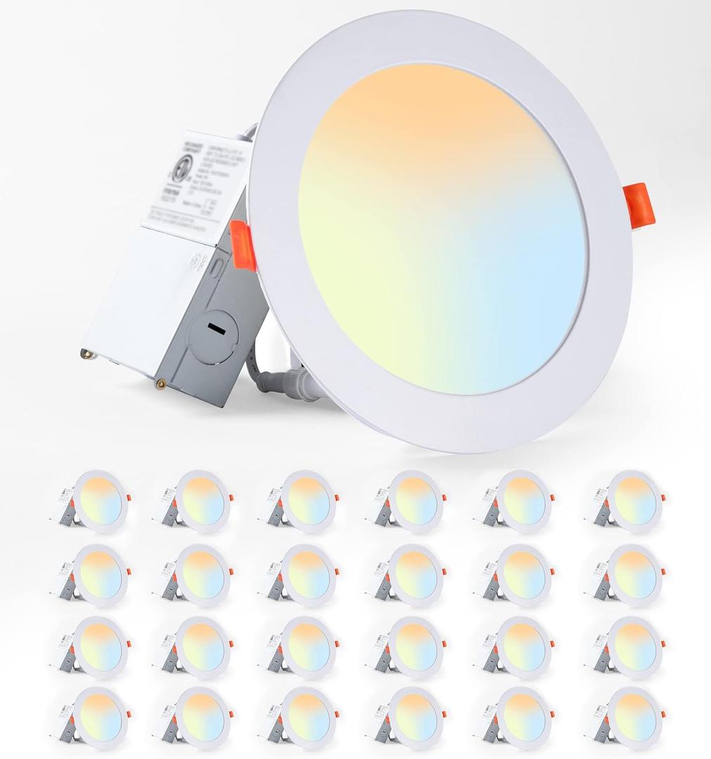 LEDIARY 24 Pack 6CCT LED Recessed Lighting 6 inch, 2500K-5000K Selectable Recessed Light Fixtures, 1100LM High Brightness, 12W Eqv 110W, Dimmable Can Lights with Junction Box - IC Rated, ETL (2500k/2700k/3000k/3500k/4000k/5000k-6 cct White)