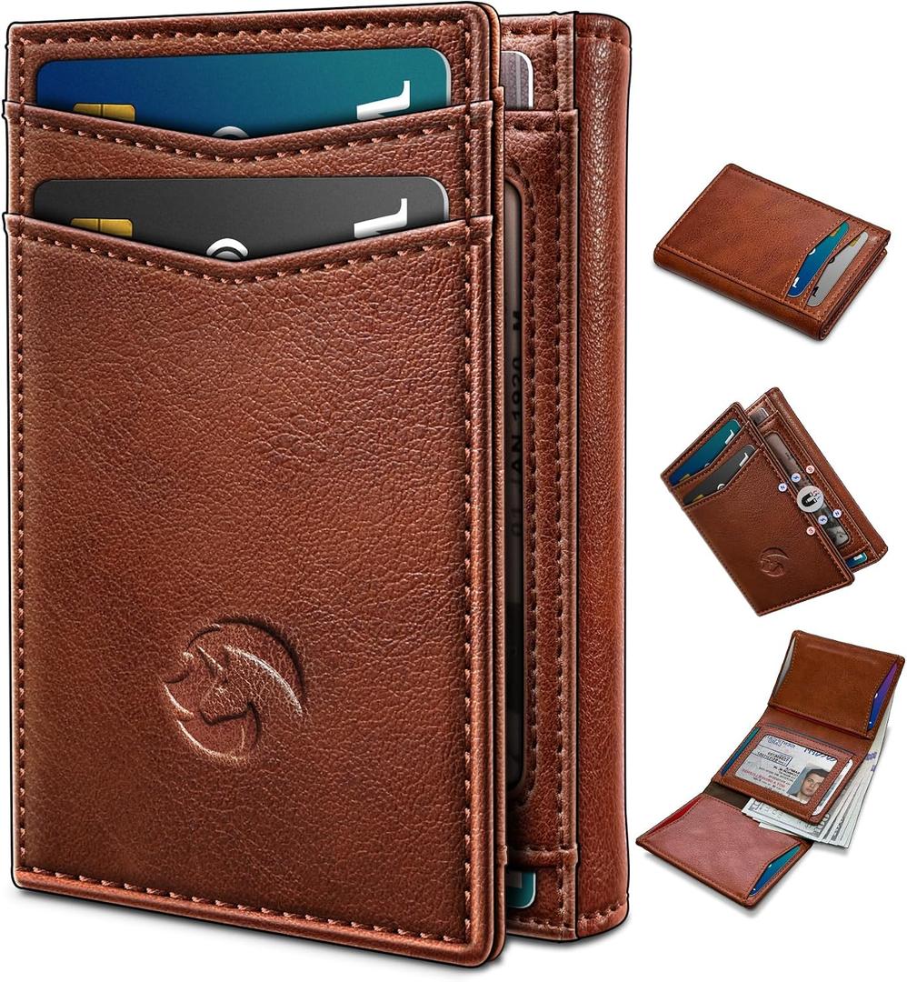 Trifold Leather Wallet for Men,with Cash Pocket 2 ID Window 14-16 Cards Magnetic Closure Slim Wallet 4.0"*3.1", RFID Blocking Front Pocket Wallet with Gift Box