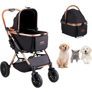VEVOR Pet Stroller, 4 Wheels Dog Stroller Rotate with Brakes, 66 lbs Weight Capacity, Puppy Stroller with Detachable Carrier, Storage Basket and Pet Pad, for Small to Medium Sized Dogs, Black