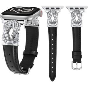 Wearlizer Leather Band Compatible with Apple Watch Bands for Women 40/38/41/44/42/45/46/49mm Fancy Dressy Slim Bracelet with Design Interlock Buckle for iWatch Series 11 10 9 8 7 6 5 4 Ultra/SE 3 2 1 (Black/Silver)