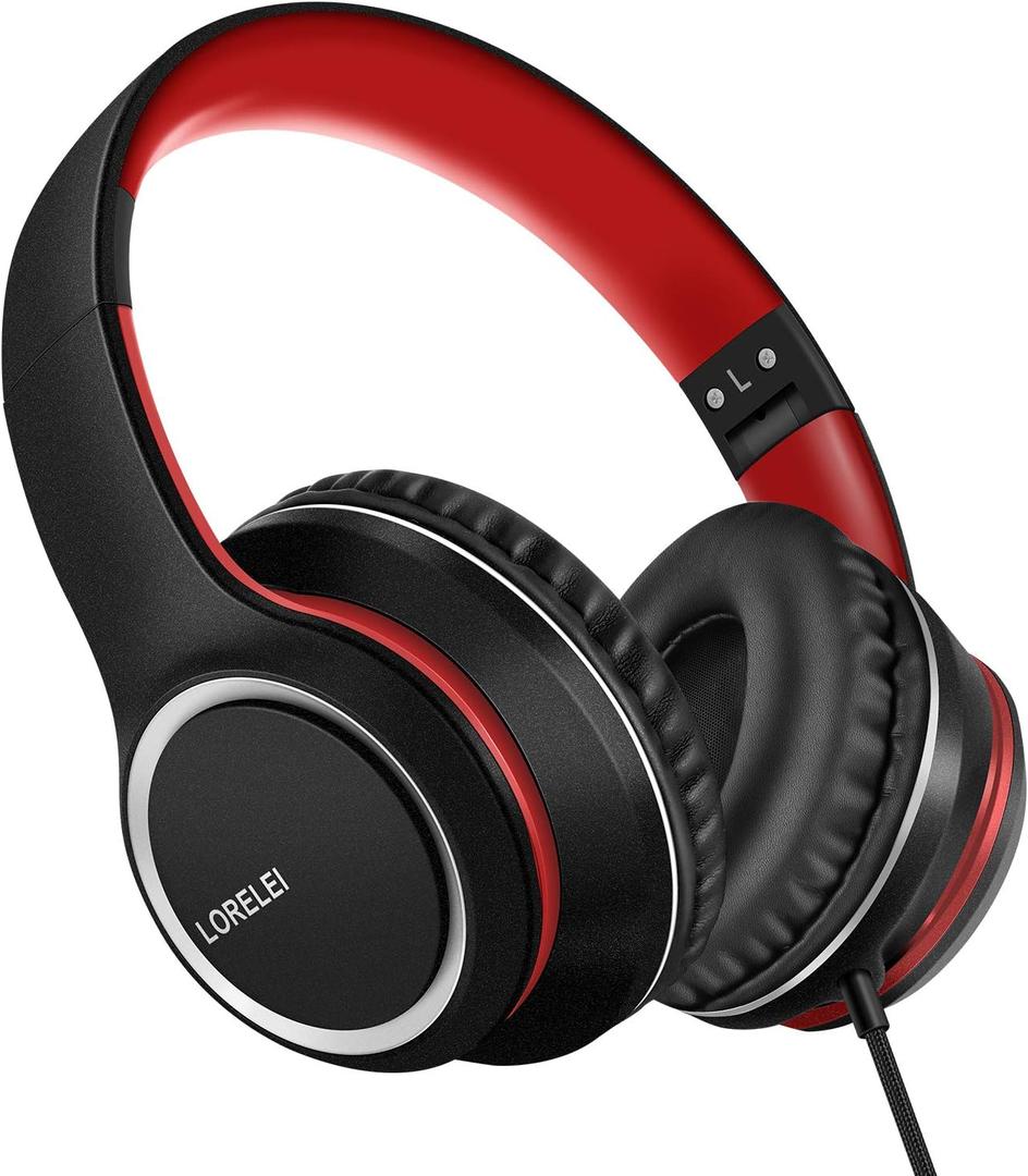 LORELEI X8 Over-Ear Wired Headphones with Microphone with 1.45m-Tangle-Free Nylon Line&3.5mm Plug,Lightweight Foldable & Portable Headphones for Smartphone,Tablet,Computer,Mp3/4(Black-red)