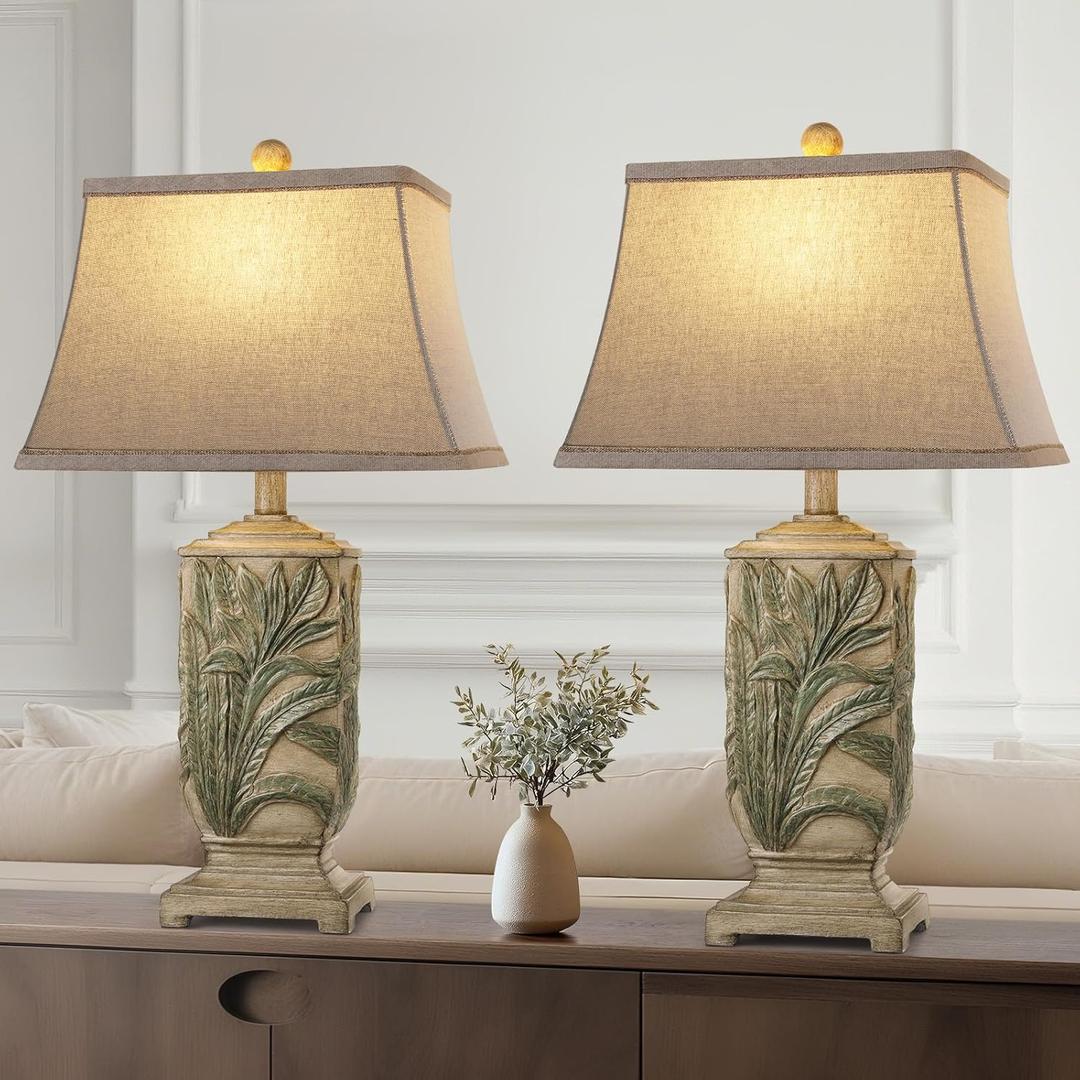 WIHTU 25" Vintage Table Lamps, 3 Color Temperature Rustic Retro Beside Lamp Set of 2, Farmhouse Resin Table Lamp for Living Room Bedroom Nightstands, Rotary Switch, Carved Leaf(2 Bulbs Included) (Brown)