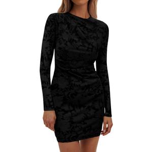 PRETTYGARDEN Women's Fall Bodycon Dresses 2026 Sexy Long Sleeve Ruched Lace Floral Mini Party Dress Tight Club Outfits (Black, XL)