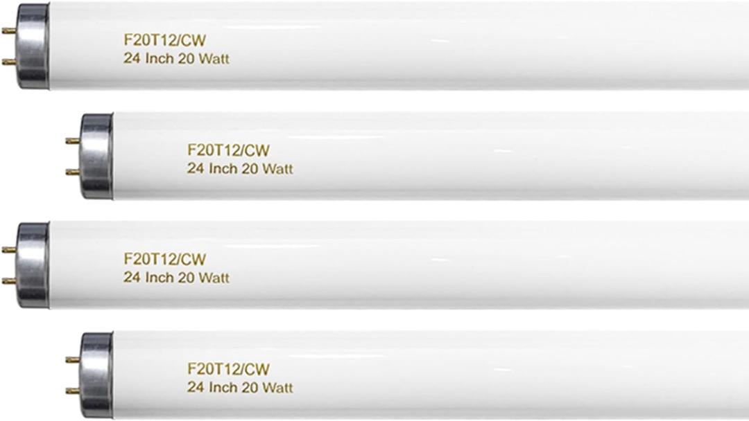 24 Inch T12 Fluorescent Tube Light Bulb 20 Watt Cool White, F20T12/CW 4100K Replacement for F20T12/CW/ALTO, F20T12/CW/ECO, F20T12/SP41/ECO G13 Base 1200 Lumens 4 Counts