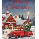 Merry Christmas House Flag 28x40 Inch Red Truck House Xmas Winter Holiday Seasonal Theme Decorative Garden Flags for Outside Double Sided Outdoor Home Farmhouse Decoration Porch Yard Decor