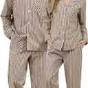U2SKIIN Couple Pajama Sets, Soft Cotton Button-Down Striped Pajamas for Men and Women Long Sleeve Sleepwear with Pockets (X-Large, Khaki)