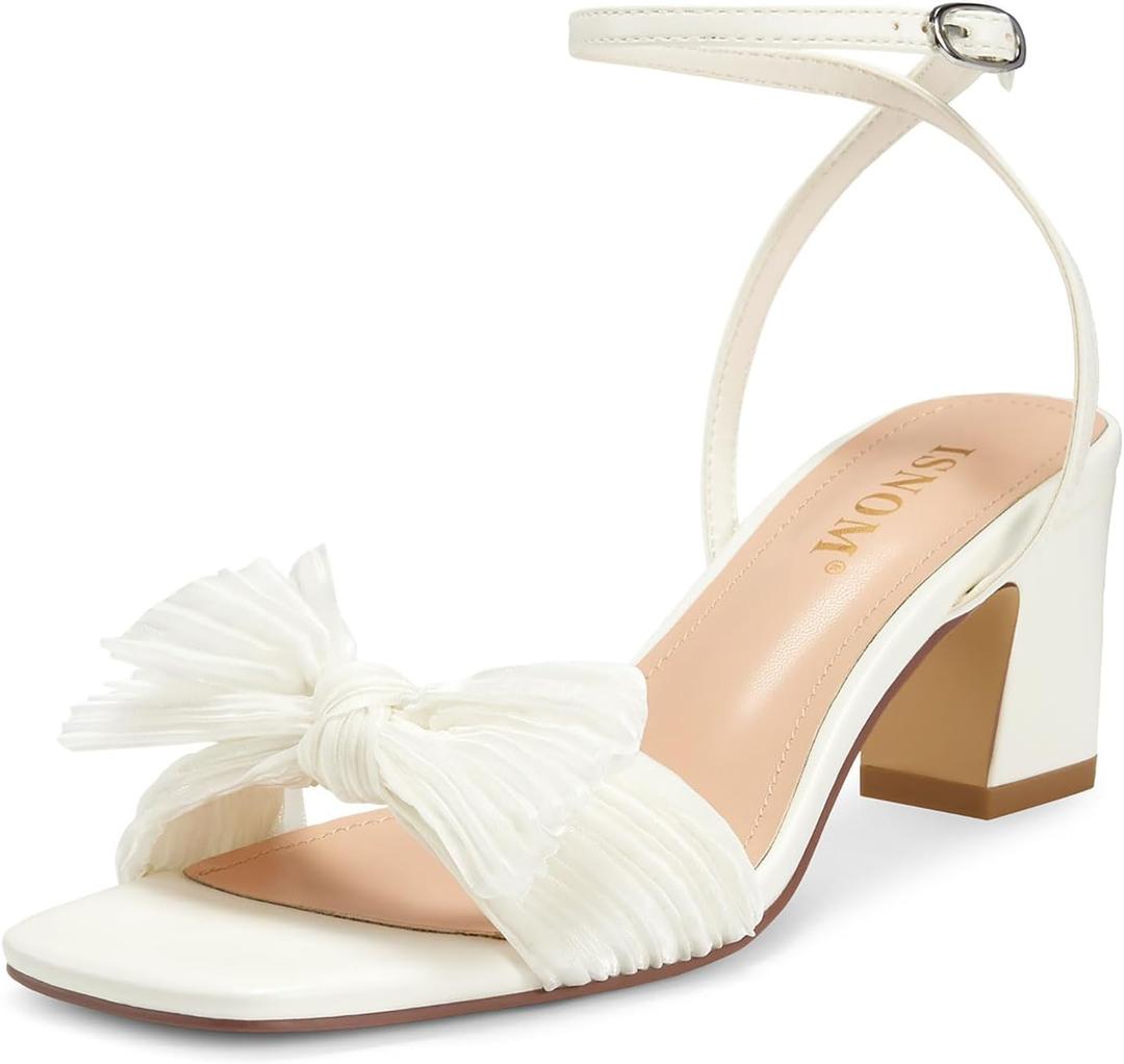 ISNOM Women's Bow Knot Heeled Sandals Ankle Buckle Strap Open Toe Block Chunky Heels Bride Wedding Party Fashion Heel, Size 6